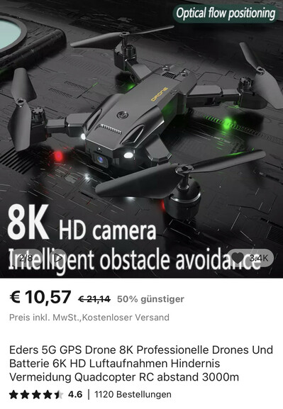 Screenshot von einer schwarzen Drohne bei AliExpress