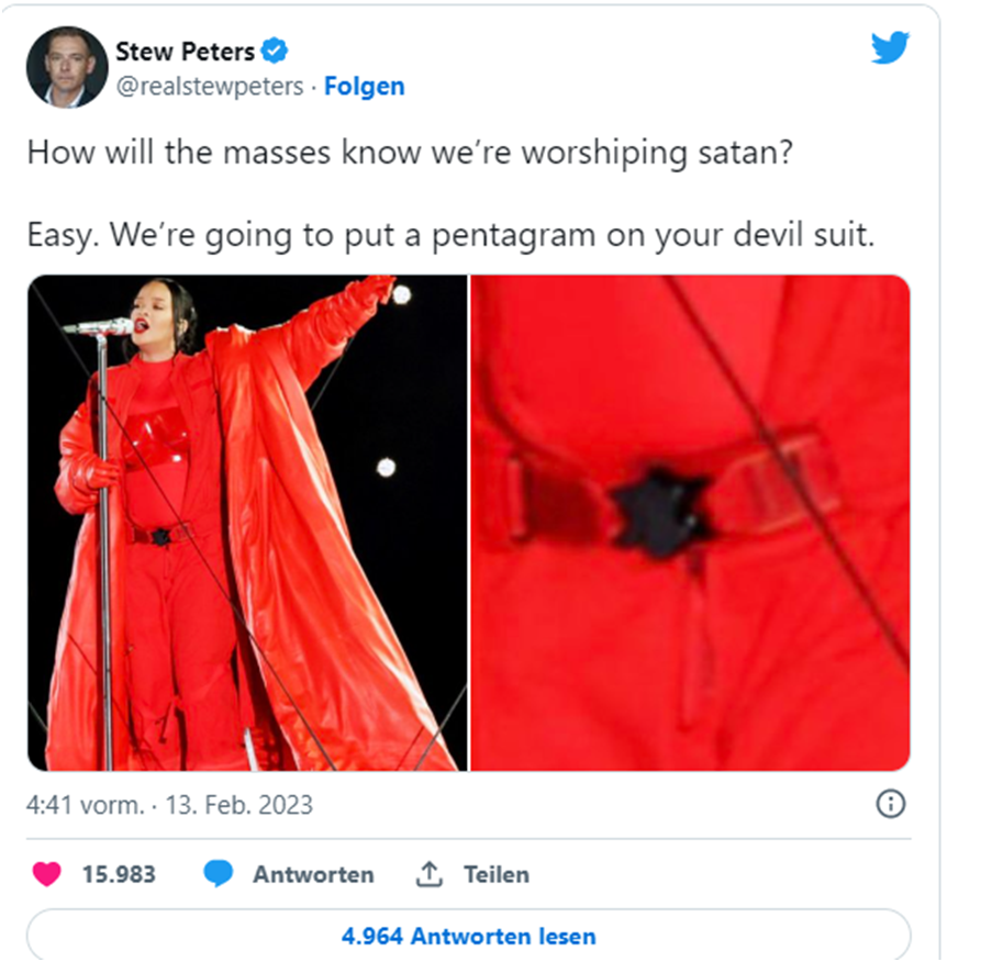 Ein Tweet von Stew Peters: „How will the masses know we’re worshipping satan? Easy. We’re going to put a pentragram on your devil suit.“ Darunter ist ein Foto von Rihanna zu sehen. Rechts daneben in vergrößerter Ansicht ist ihre schwarze Gürtelschnalle abgebildet.