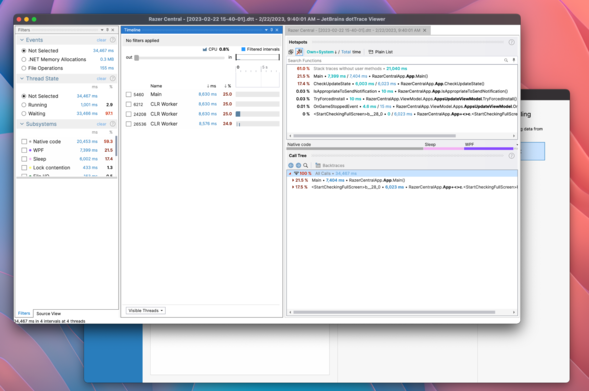 dotTrace on macOS looking at a Windows snapshot