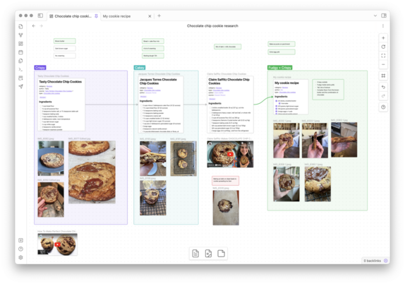 Obsidian Canvas showing visual layout of notes and images for a work in progress cookie recipe.