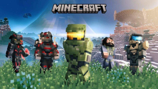 Promotional image for the Halo Infinite mashup pack for Minecraft. A pixelated Master Chief in his classic green armor is in the foreground. Two red-tinted humanoid aliens flank him on the left, while on the right are The Pilot and a Spartan soldier in grey armour.