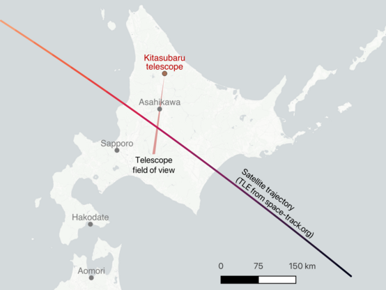 Map showing the trajectory of the starlink satellite that was filmed by the Kitasubaru telescope