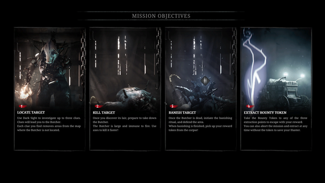 A loading screen of “Hunt: Showdown” comprising of text and illustrating pictures. 1) Locate Target: Use Dark Sight to investigate up to three clues. Clues will lead you to the Butcher. 2) Kill Target: Once you discover its lair, prepare to take down the Butcher. 3) Banish Target: Once the Butcher is dead, initiate the banishing ritual, and defend the area. 4) Extract Bounty Token: Take the Bounty Token to any of the three extraction points to escape with your reward.