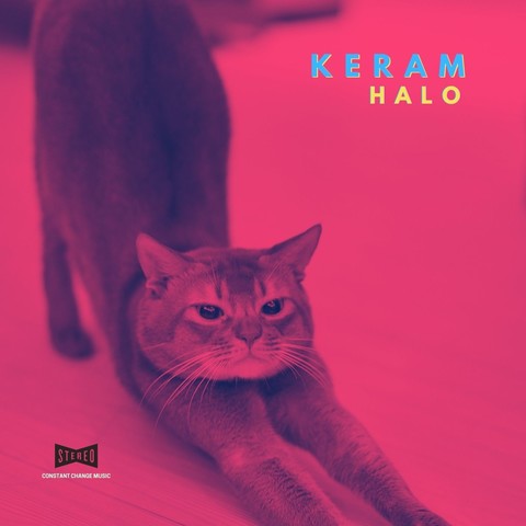A cat stretching on an a crimson-hued album cover. The name of the song is "Halo" and the artist name is "Keram"
