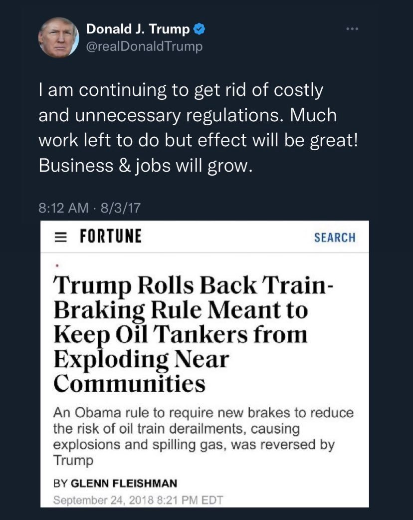 Screenshot of a Donald Trump tweet promising to "get rid of costly and unnecessary regulation" with a screenshot of a Fortune magazine article below it about Trump rolling back train braking rules meant to keep oil tankers from exploding.
