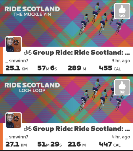 2 Zwift rides first of 27km second of 25km both part of the Ride Scotland Series on Zwift