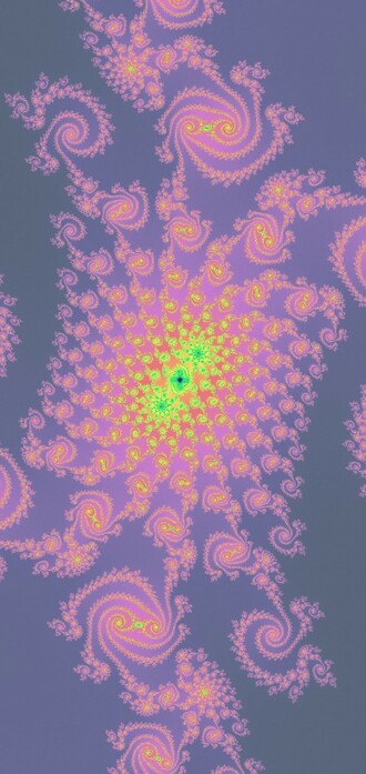An area deep in the Mandelbrot set with tightening spirals going into this 90s neon colour scheme.