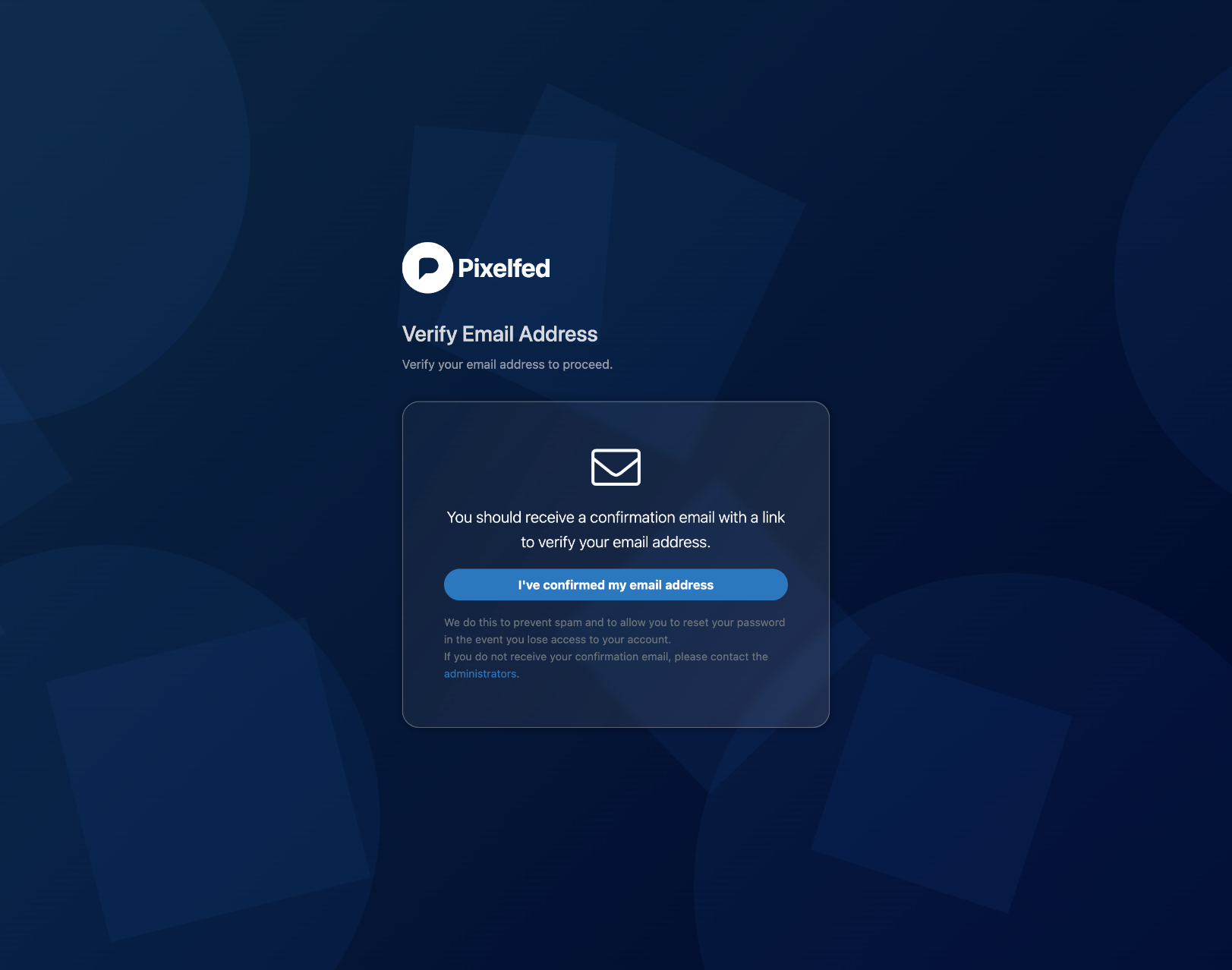 New pixelfed email verification screen