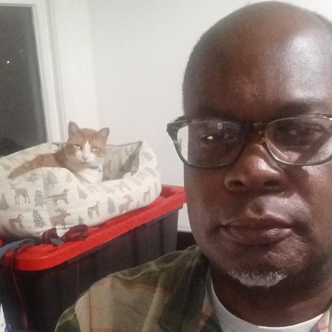 Patrick Simms, a Black man with a shaved bald head and horn-rimmed glasses looks at the camera from the right of the frame. Behind him a marmalade cat in a sleeping basket on top of a grey and red storage tub looks on.