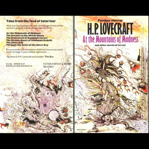 Paperback cover artwork including back cover, most likely by Ralph Steadman, depciting two Shoggoths.