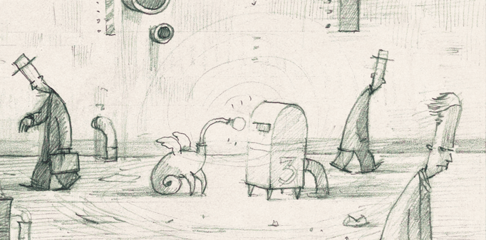 Inside cover art for Daedalus New Moral Economy issue - Shaun Tan storyboard for The Lost Thing.