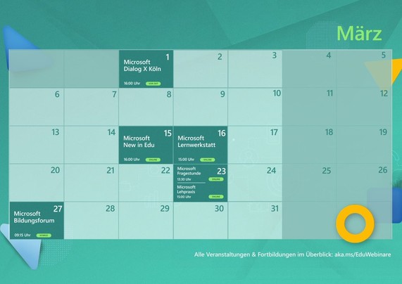 Auf der Illustration ist ein März Kalender. Auf dem Kalender stehen alle Events für den Bildungsbereicht, die von Microsoft Team organisiert sind. Der Hintergrund ist grün.
