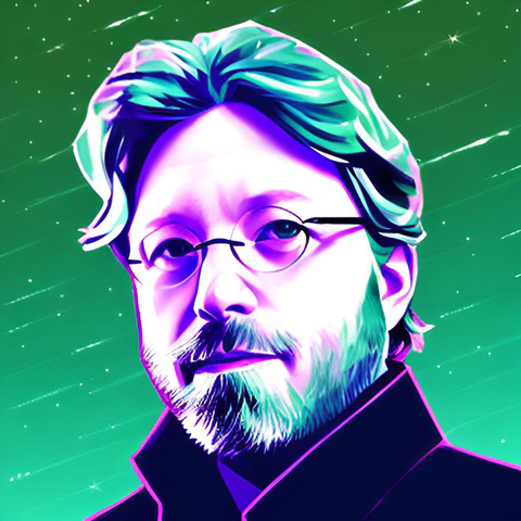 Self portrait. Glasses, beard, wavy hair, starry background, green tint