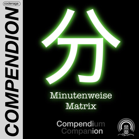 Das Logo des Podcasts Minutenweise Matrix. Es zeigt ein Kanji für Minute in weiß, grün umrandet, vor schwarzem Hintergrund.