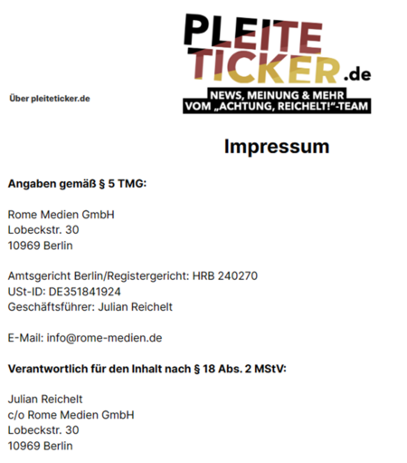 Impressum des Pleitetickers: „Julian Reichelt c/o Rome Medien GmbH, Lobeckstr. 30, 10969 Berlin“.