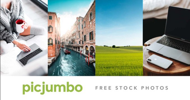 Four images: a woman writing with one hand on a laptop and the other has a coffee mug, a canal in Venice, a green field of grass and a laptop on a cutted tree trunk as a table with a smartphone.
Below in green: Picjumbo
And in light gray: Free Stock Photos