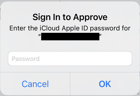 A screenshot of an iOS dialog box. It says:

Sign In to Approve
Enter the iCloud Apple ID password.

There’s a password field and two options: “cancel” and “OK.”