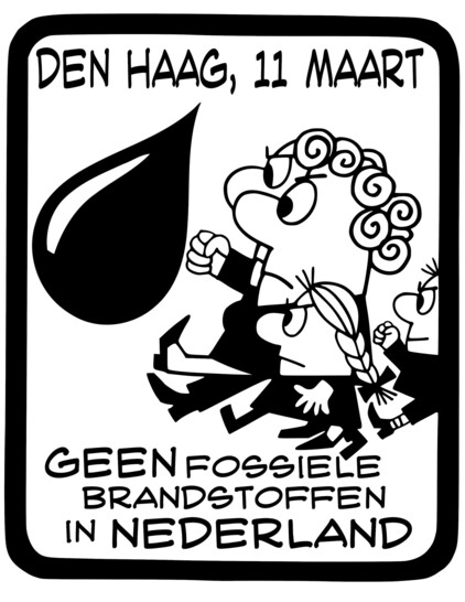 Antikernwapen poster grotendeels door Opland getekend waarbij een gezin tegen een oliedruppel schopt in plaats van een kruisraket, de tekst bovenin is nu: Den Haag, 11 maart en onderin staat: geen fossiele brandstoffen in Nederland. Het geheel is in zwart wit.