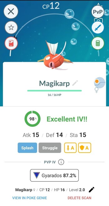 Magikarp with CP 12 but 98% excellent IV
