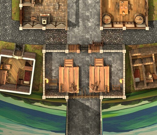 A 14x12 VTT battlemap excerpt showing the barricade and gatehouse and crossblow platforms from directly above. Around the gatehouse can be seen part of the enclosing cavern wall, a building with tiny apartments, part of an inn, a home, and part of a smithy.