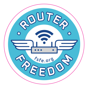 A router with wings. Text: Router Freedom fsfe.org