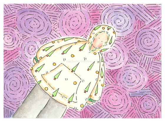 Art. Person in an oodie style oversized hoodie, hood up, just their face peeking out. There's a fir tree print on the hoodie.