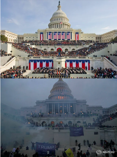 Two pictures of the capital. One at where it's sunny and USA flags are showing and everything looks well. The second is dark, and smoky from the jan 6 riot