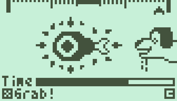 The "Focus!" screen of the game, in the middle part there is a huge chunk of meat, surronded by some ray effect and a hipnotized dog stretching his neck towards it, his mouth is watering. On the top there is a meter with multiple segments and an arrow below it, pointing to the meter (this is the mini-game, the player has to aim to the middle section). On the bottom is a gauge with the label "Time", below it an action, press X to "Grab!".