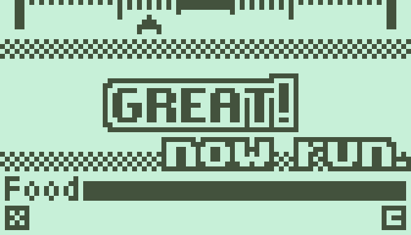 The same mini-game but after the player hit the "Grab!" action. The arrow below the meter was stopped around at 40% of the meter, the result is displayed in the middle of the screen, reading "Great!" below it is a hint, "now run". The gauge shows the remaining amount of the food, labeled "Food". The action buttons are not available, indicated by blank spaces.