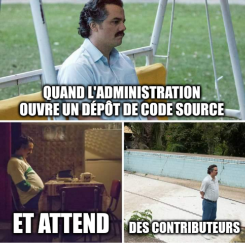 Collage d'images montrant un homme (censé représenter l’administration) qui ouvre un dépôt de code source et attend désespérément des contributeurs.