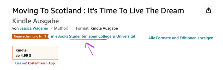 Ein Screenshot von der englischen Amazon-Seite zum Buch "Moving To Scotland" mit dem Hinweis "Neuerscheinung Nr. 1 in eBooks Studentenleben".