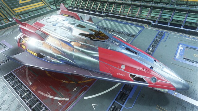 A Fer-de-Lance combat craft on a Coriolis starport platform in Elite Dangerous.