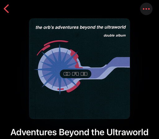 Album cover for The Orb’s “Adventures Beyond the Ultraworld.” Abstract in nature, it features the word “ORB” in outlined letters over a blue 16 point star shape which is surrounded by a two layered purple circle that has a “arm” that extendes to the right all the way off the right edge of the image. The outer purple circle features several small magenta shapes that either border it or overlap it in a random fashion. All of the above rests upon a black field.