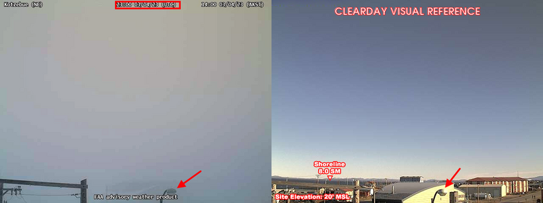 Saturday 2pm FAA webcam image (left) and the associated clear day image. The Northwest Arctic Heritage Center (yellow building), only a couple hundred hards from the webcam, is completely obscured in snow and blowing snow. 
