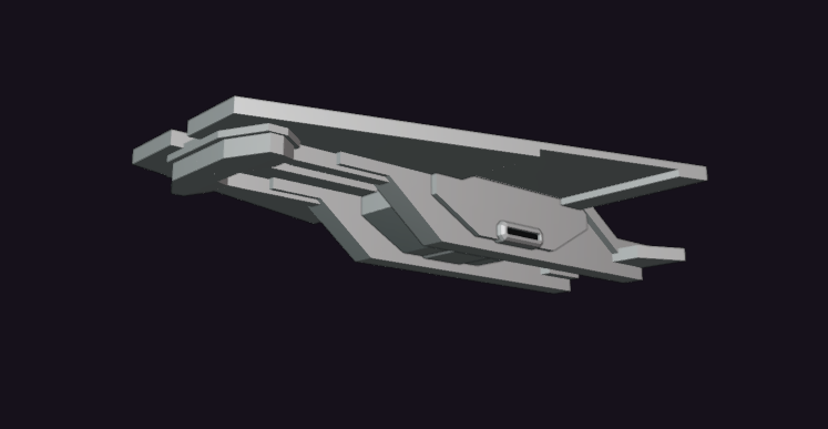 A rough block out of a low poly capital spaceship, with a split fuselage joined by some kind of forward bridge and a hangar/cargo by.