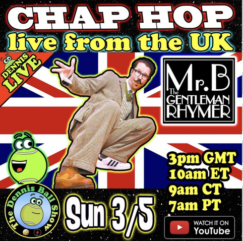 Mr.B the Gentleman Rhymer busts a breakdance move across a British flag advertising his appearance on the Dennis Ball Show