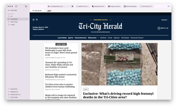 A Safari window with multiple tabs open for different newspapers, then the sidebar open showing multiple tab groups