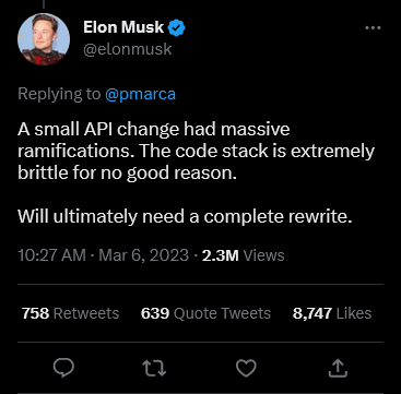 A small API change had massive ramifications. The code stack is extremely brittle for no good reason. 

Will ultimately need a complete rewrite.