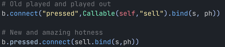 It's a code snippet showing the old VS new way the "connect" function works in GDScript4, which is now a lot more concise and doesn't need magic strings.
