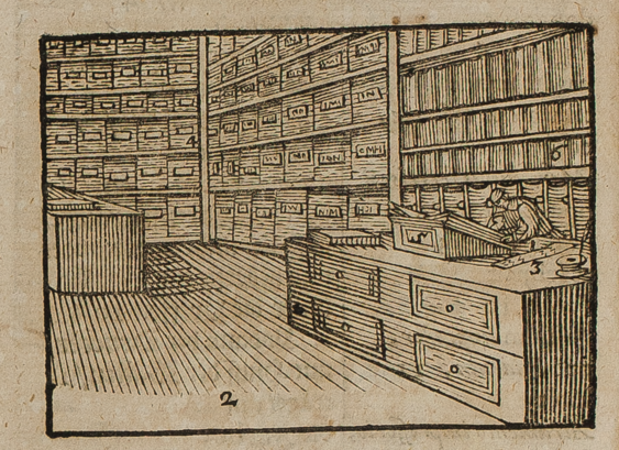 You see an interior of a book shop from the seventeenth century. Large cupboards filled with books and boxes can be seen. There is also a desk in the right front with a bookseller reading on it. 