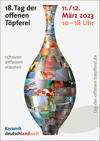Plakat zum Tag der offenen Töpferei 2023: 11. und 12. März 2023, 10 - 18 Uhr, deutschlandweit.
Motto: schauen, anfassen, staunen