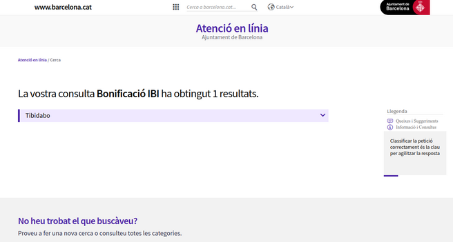 Captura de pantalla del web de l'Oficina virtual de l'ajuntament de Barcelona on en cercar "Bonificació IBI" retorna informació sobre "Tibidabo"