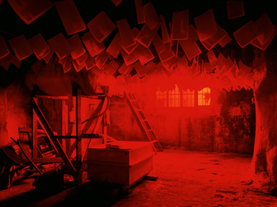 Image in red tones of an apocalyptic room with papers hanging from the ceiling and abandoned furniture in the ground. Three yellow windows on the background. Part of the Mike Nelson's installation at Hayward Gallery