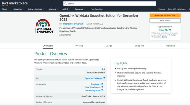 Amazon Web Services Marketplace entry for Wikidata Knowledge Graph deployed via Virtuoso.