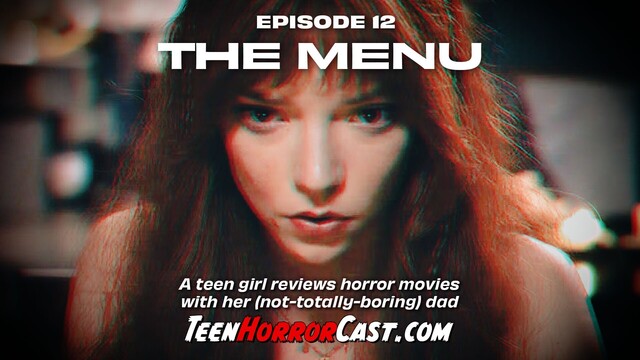 Anya Taylor-Joy looking directly at the camera, red hair disheveled, in a still from the movie The Menu.