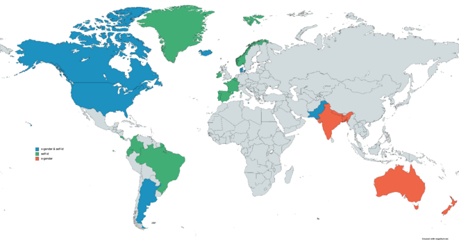 Map showing prevalence of x-gender and/or self-id countries.

Self-id only:
Greenland/Kalaalit Nunaat
Norway
France
Belgium
Ireland
Spain
Portugal
El Salvador
Columbia
Ecuador
Brazil

X-gender only:
India
Nepal
Bangladesh
Australia
New Zealand

Both:
United States
Canada
Argentina
Pakistan
Denmark
Iceland
Malta
