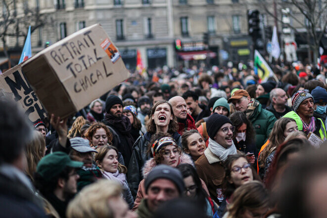 Lors de la manifestation contre la réforme des retraites à Paris, le 7 mars 2023. © Photo Laurent Hazgui pour Mediapart