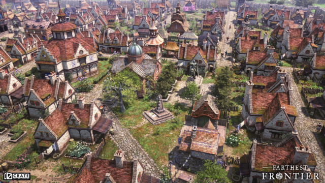Screenshot vom Computerspiel "Farthest Frontier". Mittelalterliche Häuser in einer Siedlung mit Wegen, Parks, Marktplatz.