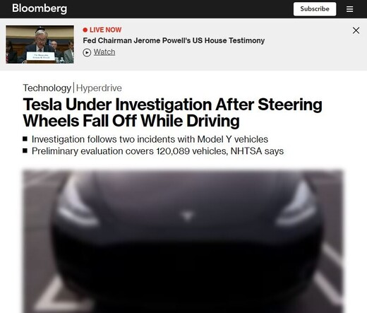 Bloomberg Headline:  "Tesla Under Investigation After Steering Wheels Fall Off While Driving"