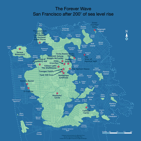 The Forever Wave map of a drowned San Francisco under a 200 foot sea level rise. The land is green and the water is blue and there are names of characters and red stars on the land. 